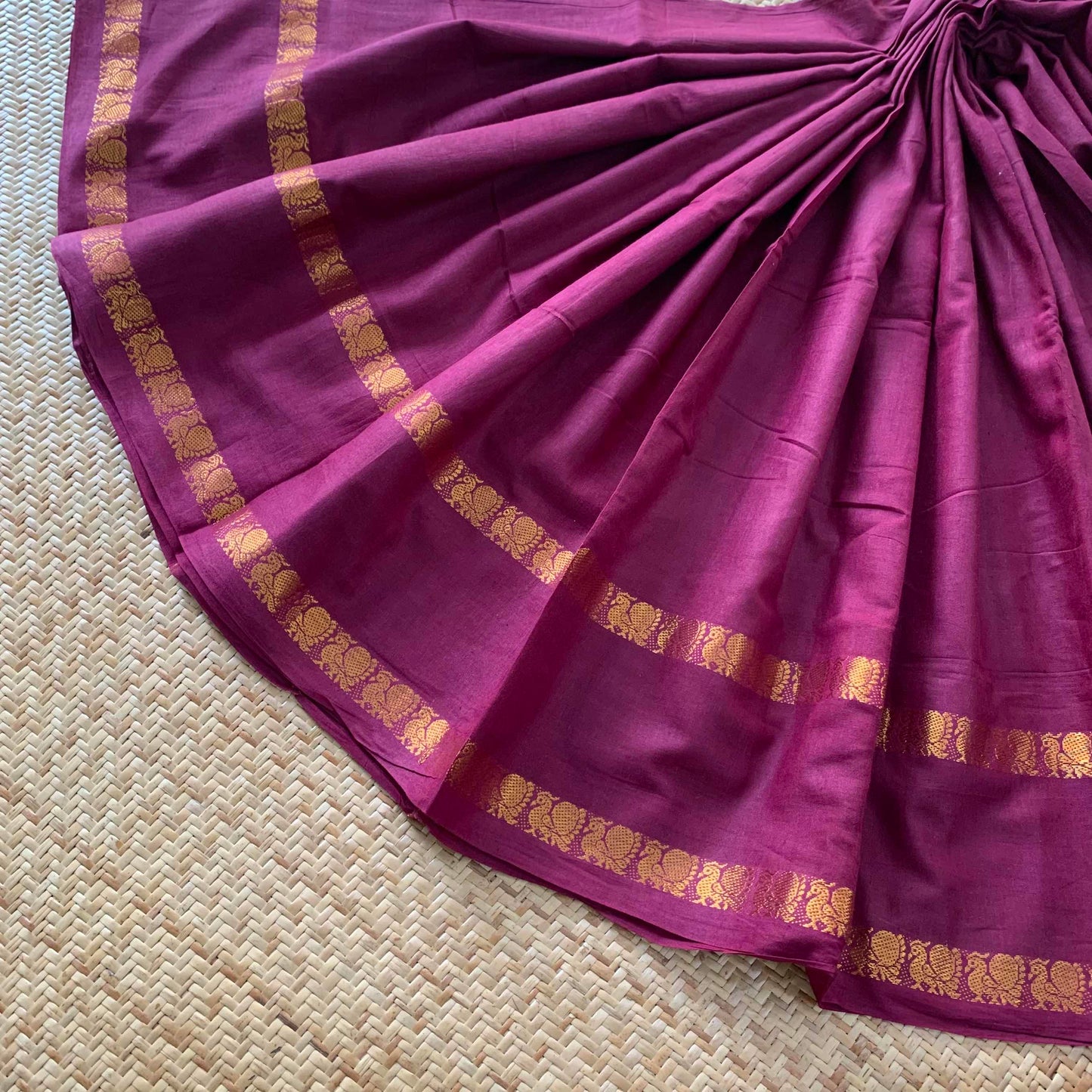 Deep Burgundy Saree , Zari Annam Rettai Pettu Border , Clamp dyed (Kattu sayam).