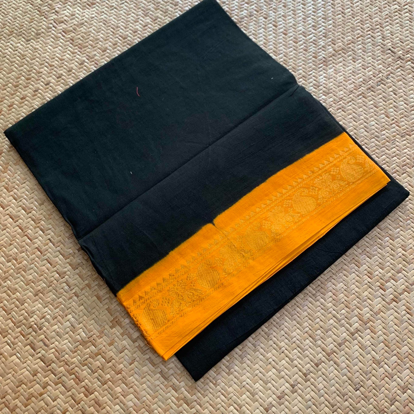 Black Saree With Yellow Half Fine Zari Border, Clamp dyed (Kattu sayam).