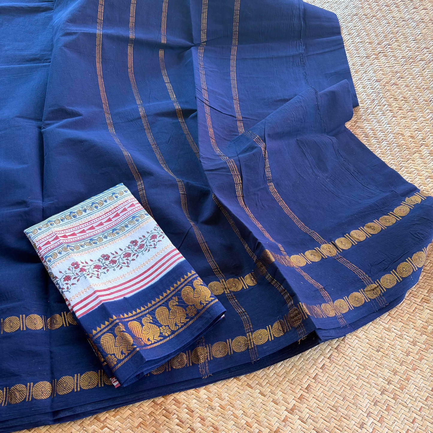 Navy Saree With Hand Block Printed Blouse , Zari Rudraksham Rettai Pettu Border , Clamp dyed (Kattu sayam)