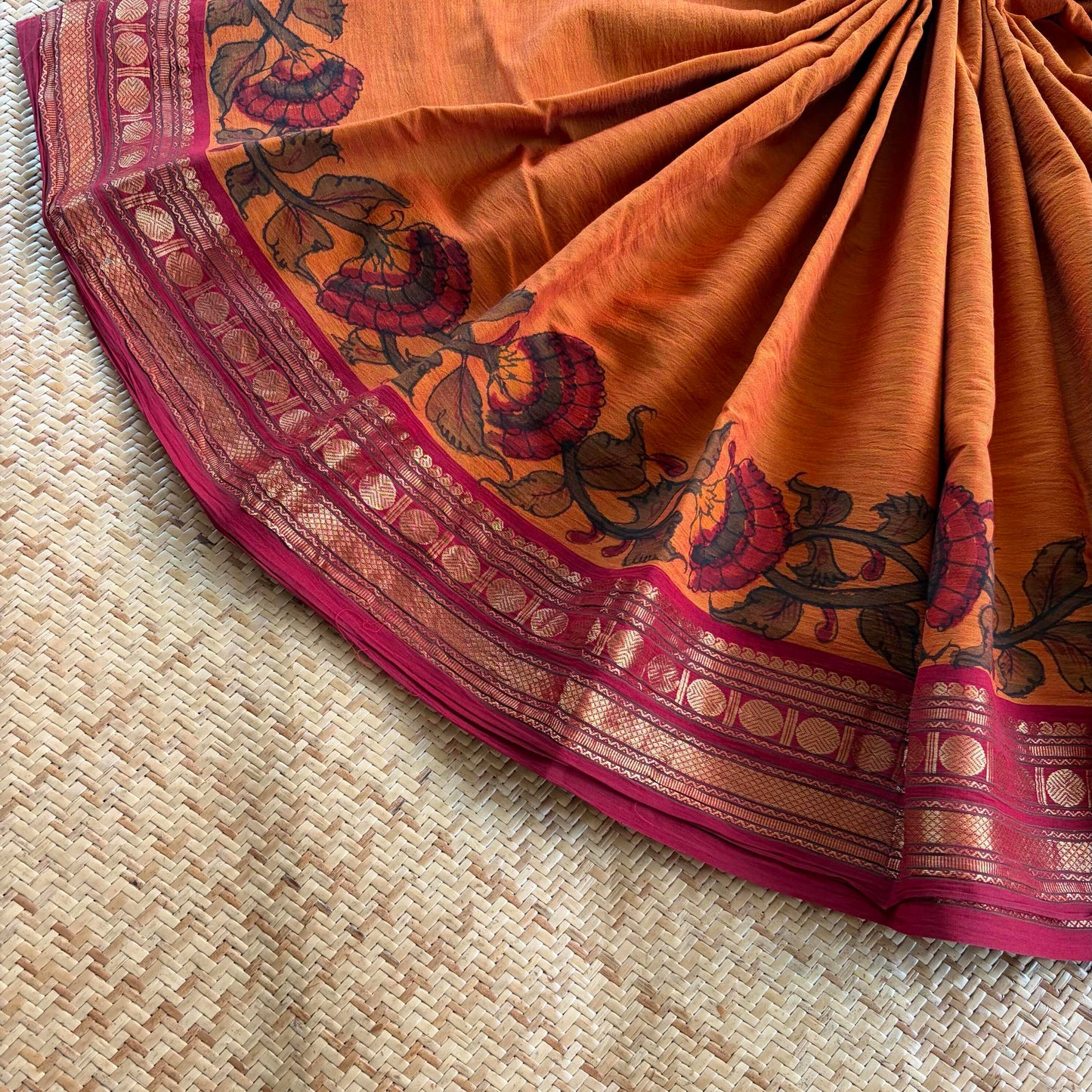 Orange, Kalamkari Hand Painted on Chettinad Cotton saree