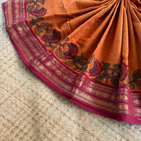 Orange, Kalamkari Hand Painted on Chettinad Cotton saree