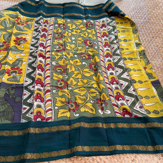 Horse, Kalamkari Hand Painted on a Madurai Sungudi Cotton saree.