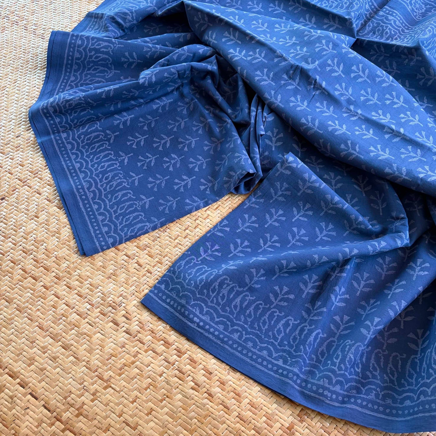 Mul Mul Cotton saree, Hand Block Printed, Blue