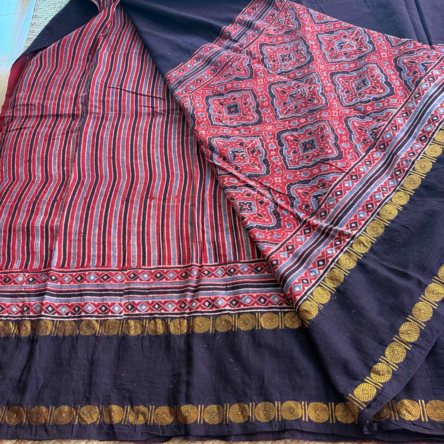 Madder, Ajrak Hand Block Printed On Madurai Cotton Saree With Zari
