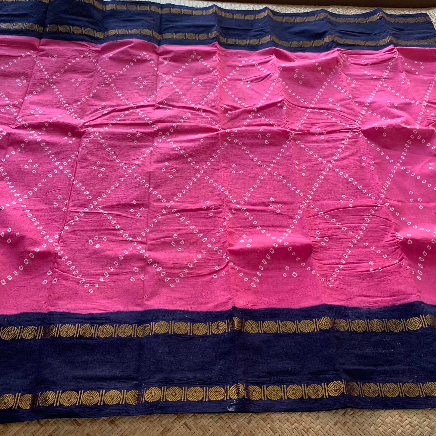 Pink With Navy Saree , Hand knotted Sungudi , Kaikattu Cotton Sungadi