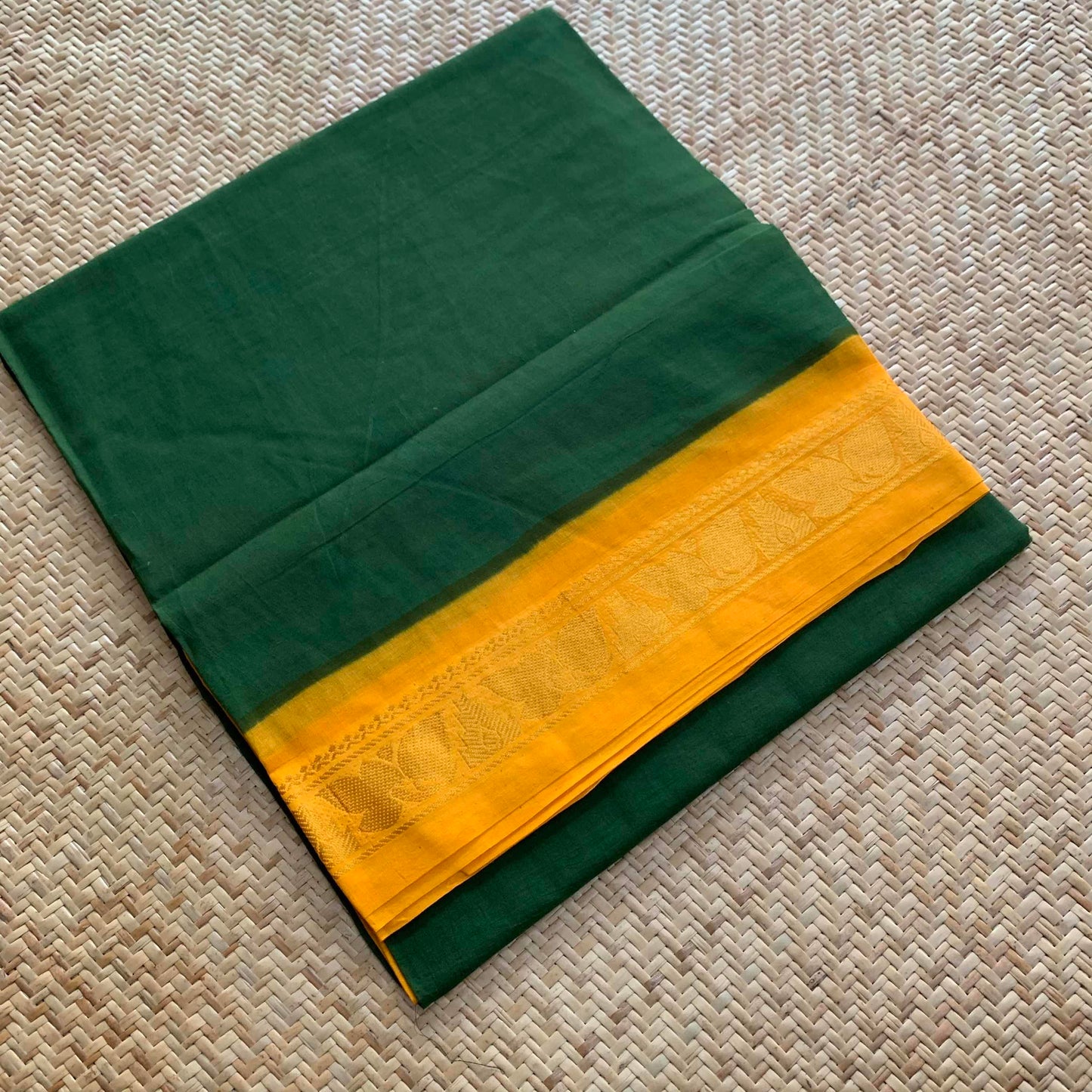 Green Saree With Yellow Half Fine Zari Border, Clamp dyed (Kattu sayam).