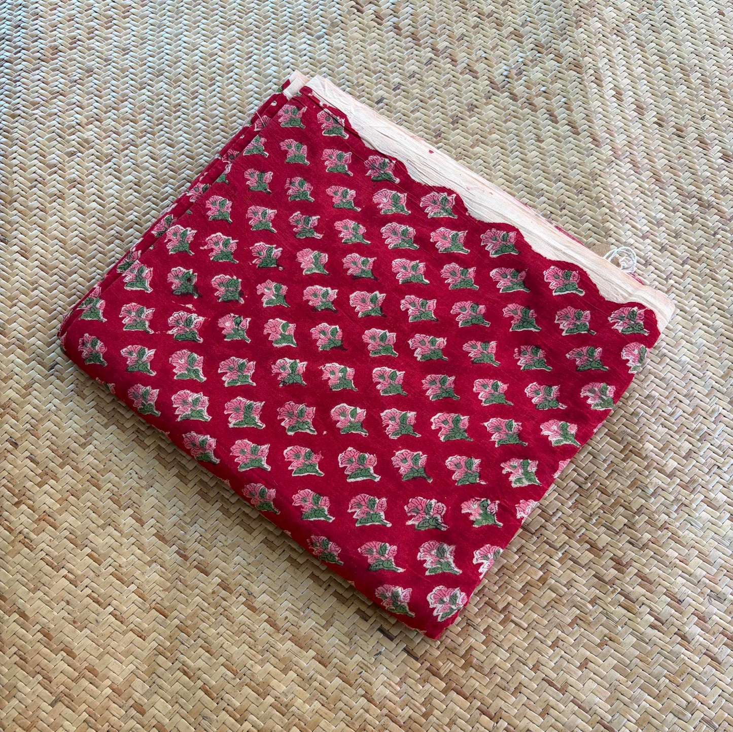 Hand Block Printed Sanganeri Cotton Running Fabric, Red