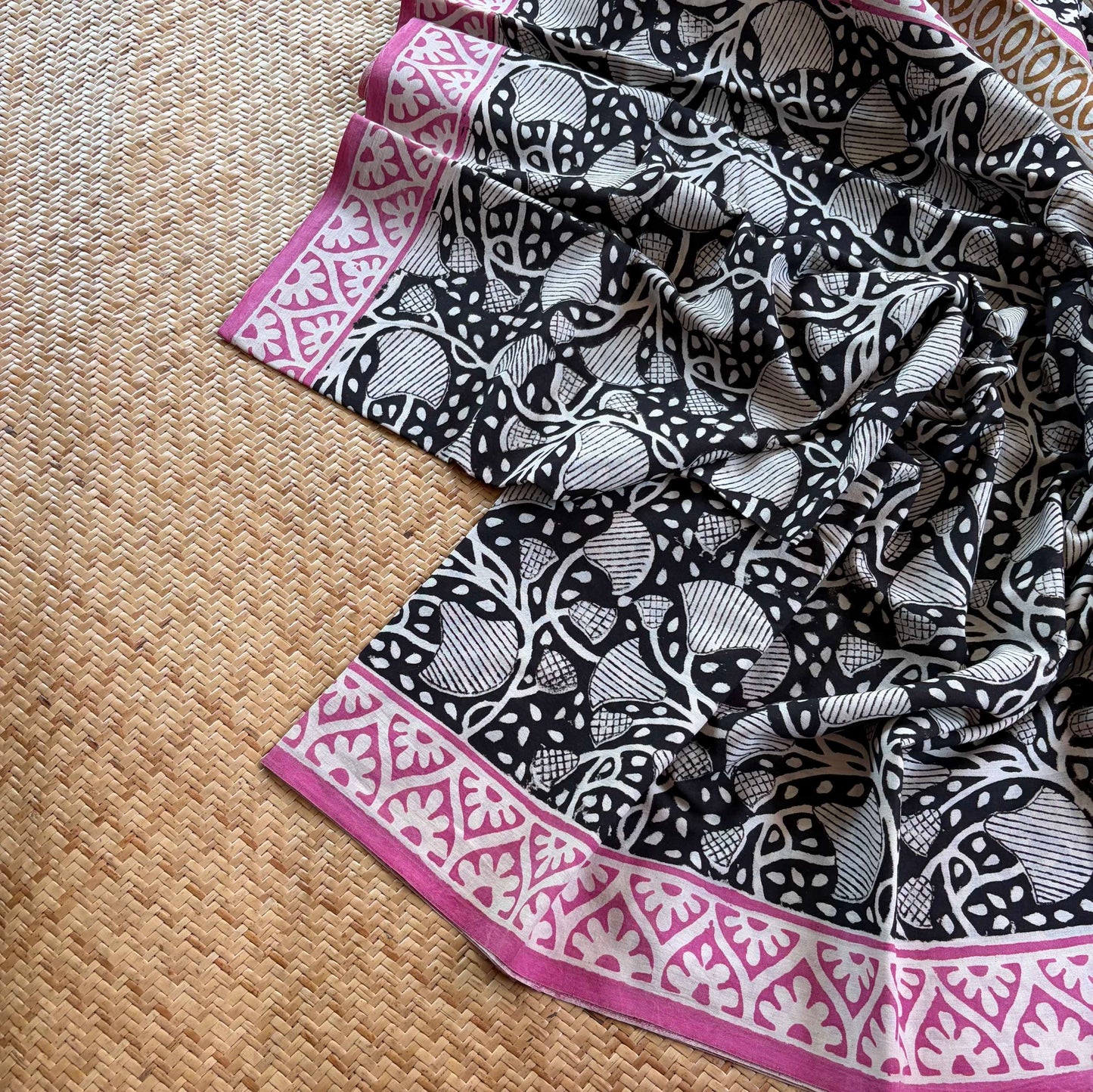 Mul Mul Cotton saree, Hand Block Printed, Black