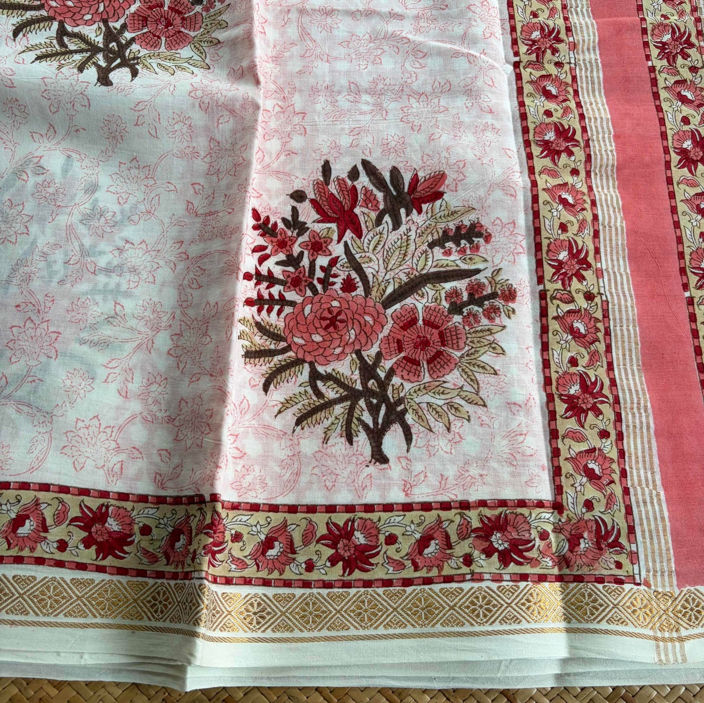 White, Jaipur Hand Block Printed On Madurai Cotton Saree With Zari