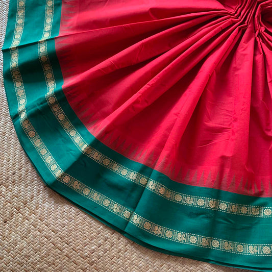 Chettinad Cotton Saree, Red Saree with Korvai Border