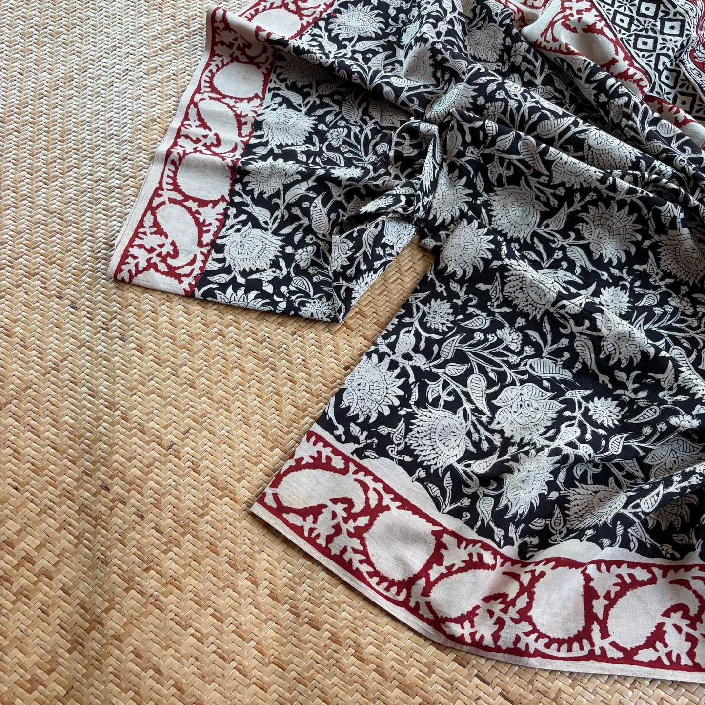 Mul Mul Cotton saree, Hand Block Printed, Black