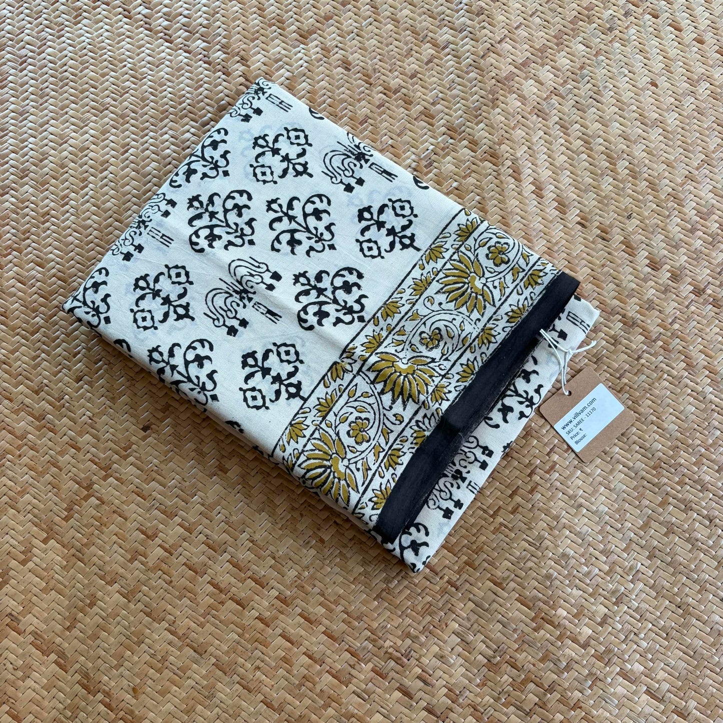 Mul Mul Cotton saree, Hand Block Printed, Beige