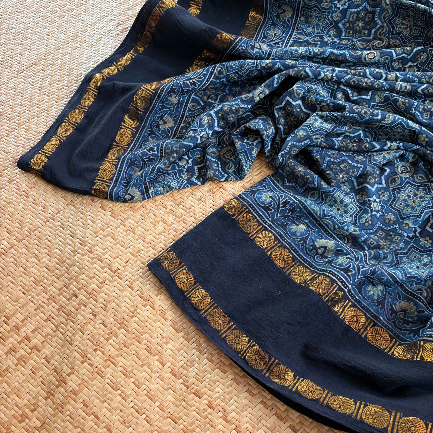 Star Indigo, Ajrak Hand Block Printed On Madurai Cotton Saree With Zari