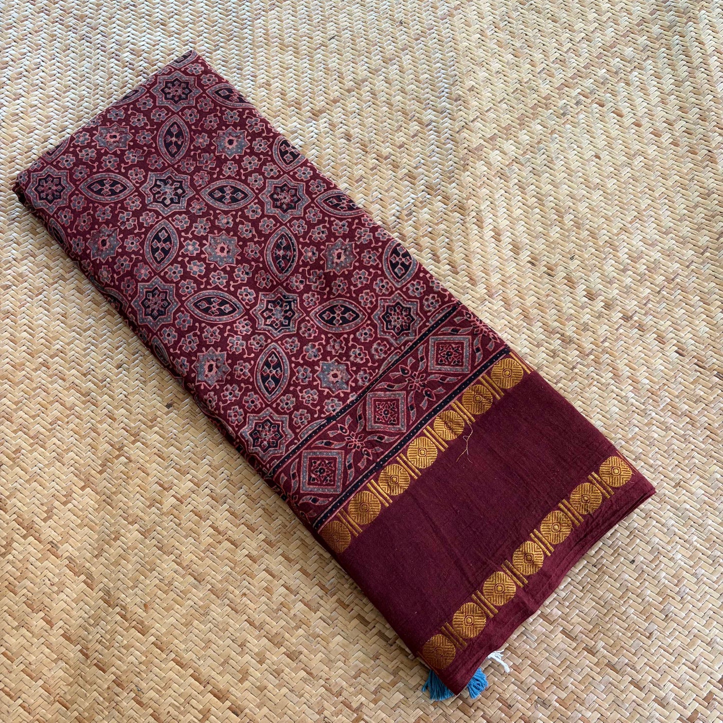 Araku, Ajrak Hand Block Printed On Madurai Cotton Saree With Zari