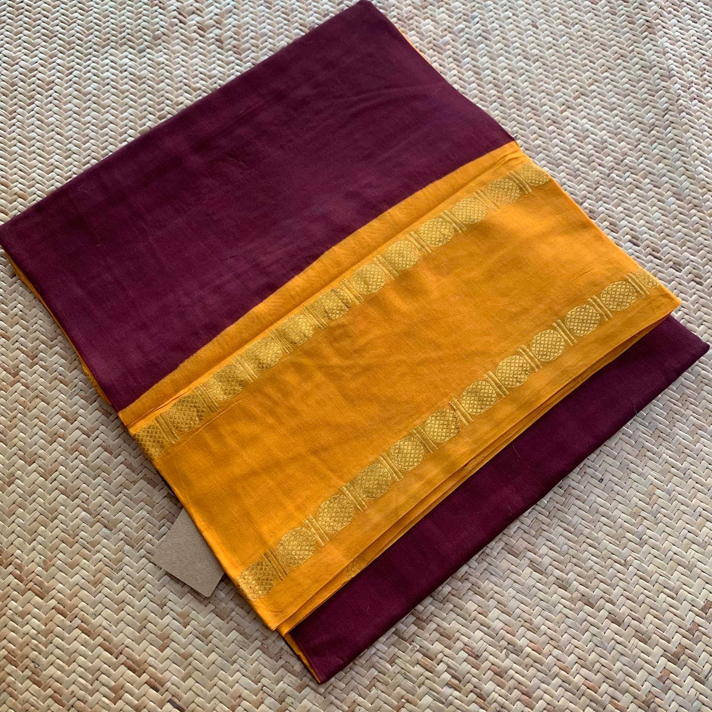 Brown Saree With Yellow Half Fine Zari Border, Clamp dyed (Kattu sayam).