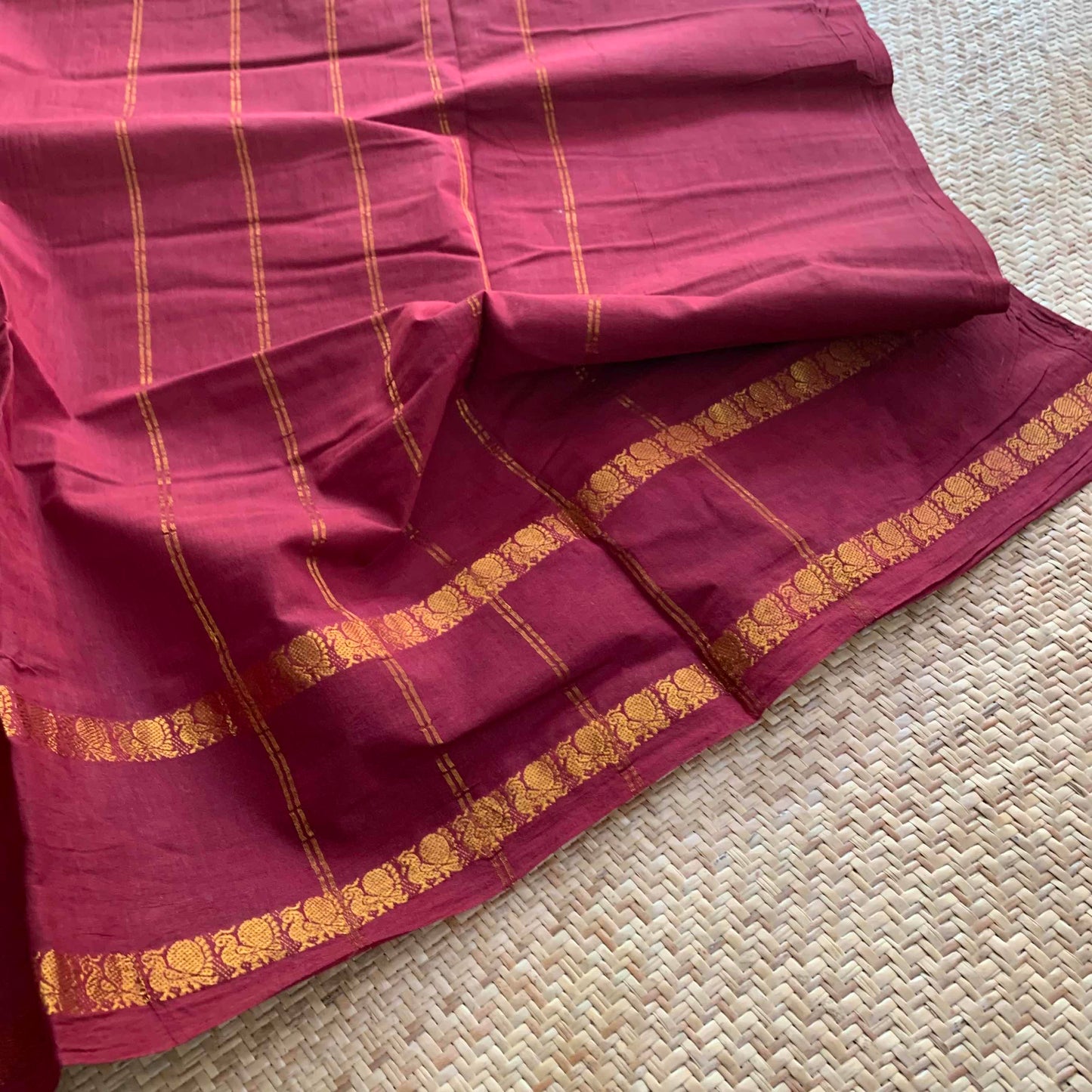 Brown Saree with kalamkari Blouse piece, Zari Annam Rettai Pettu Border , Clamp dyed (Kattu sayam).