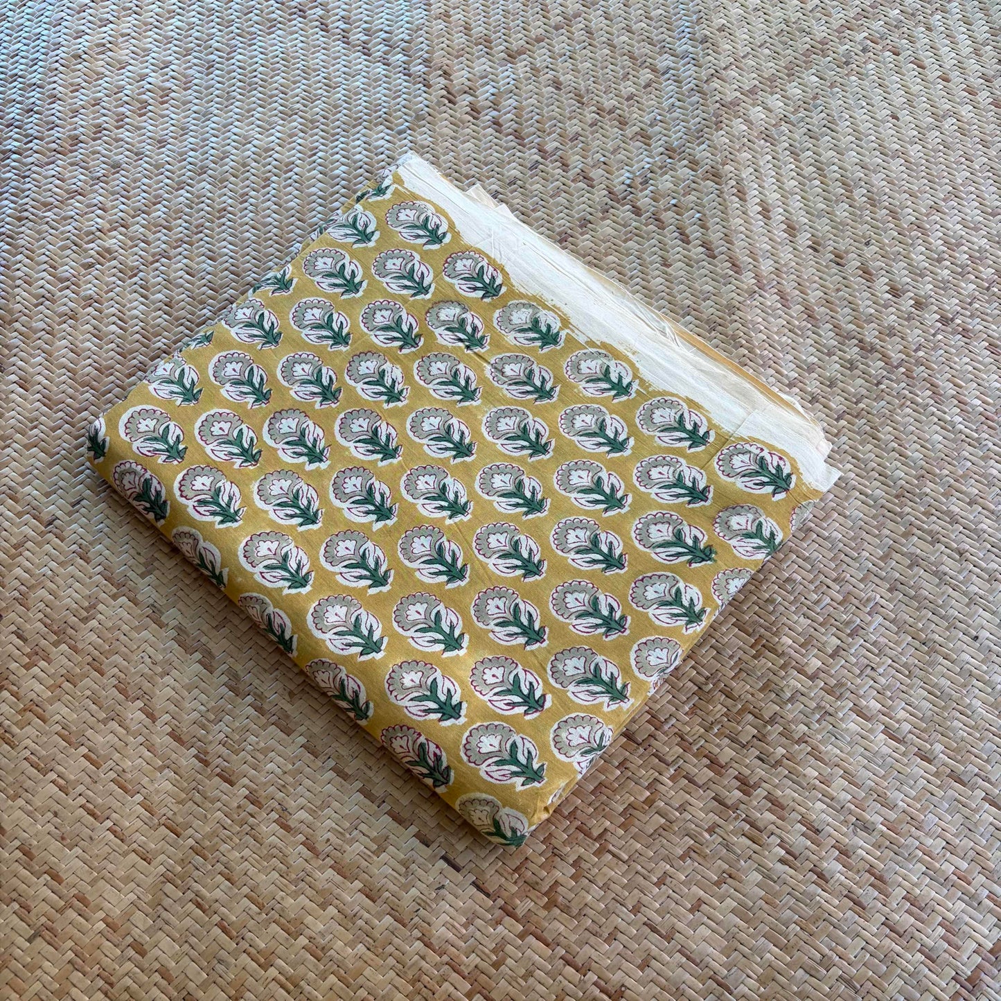 Hand Block Printed Sanganeri Cotton Running Fabric, Mustard