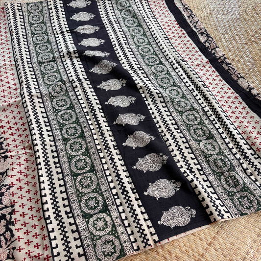 Mul Mul Cotton saree, Hand Block Printed, Black