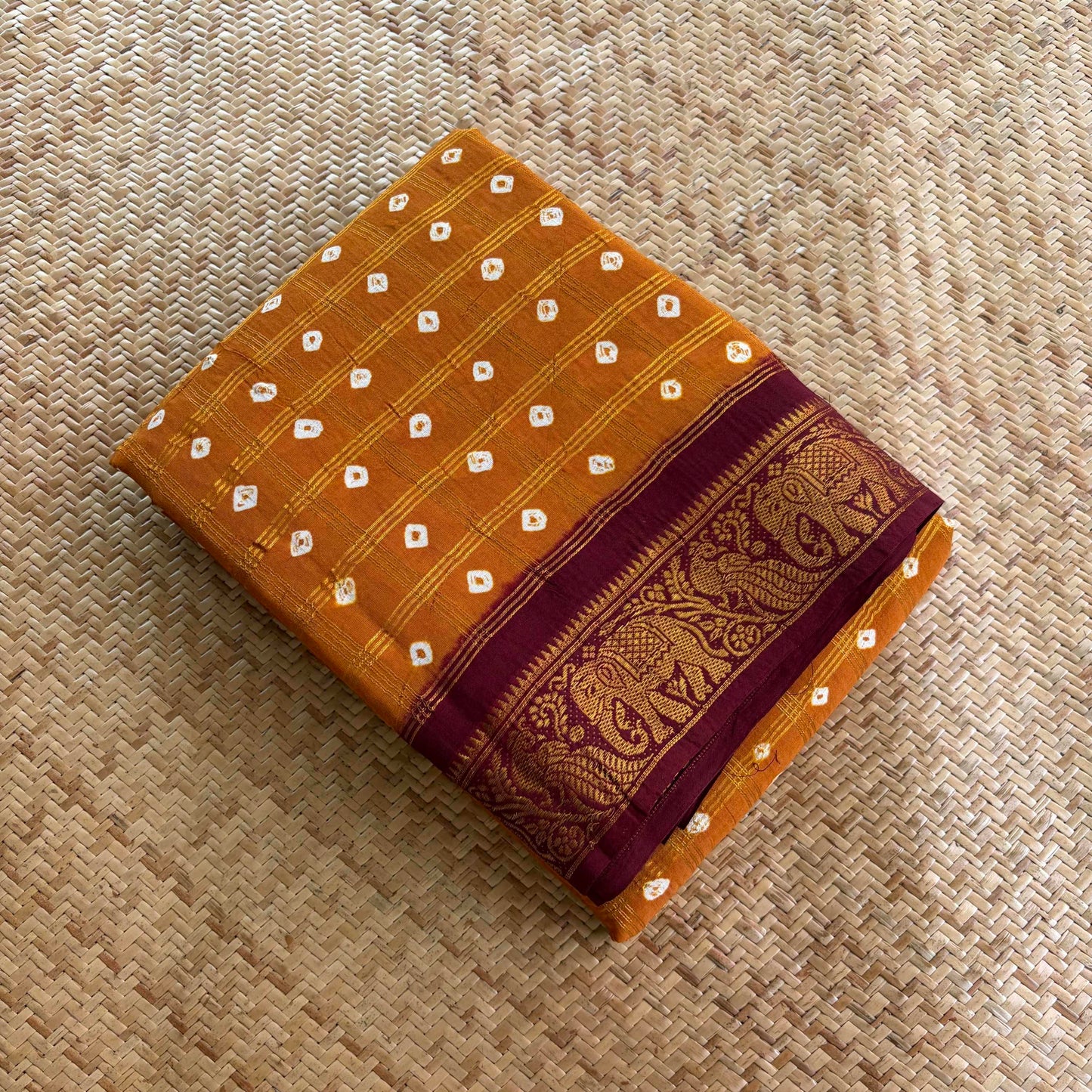 Mustard Saree With Brown Border, Hand knotted Sungudi On Cotton saree, Kaikattu Sungudi