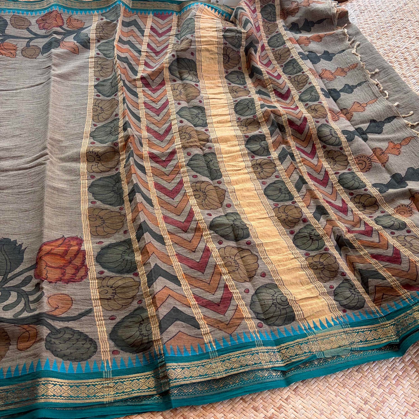 Grey Kalamkari Hand Painted on Chettinad Cotton saree
