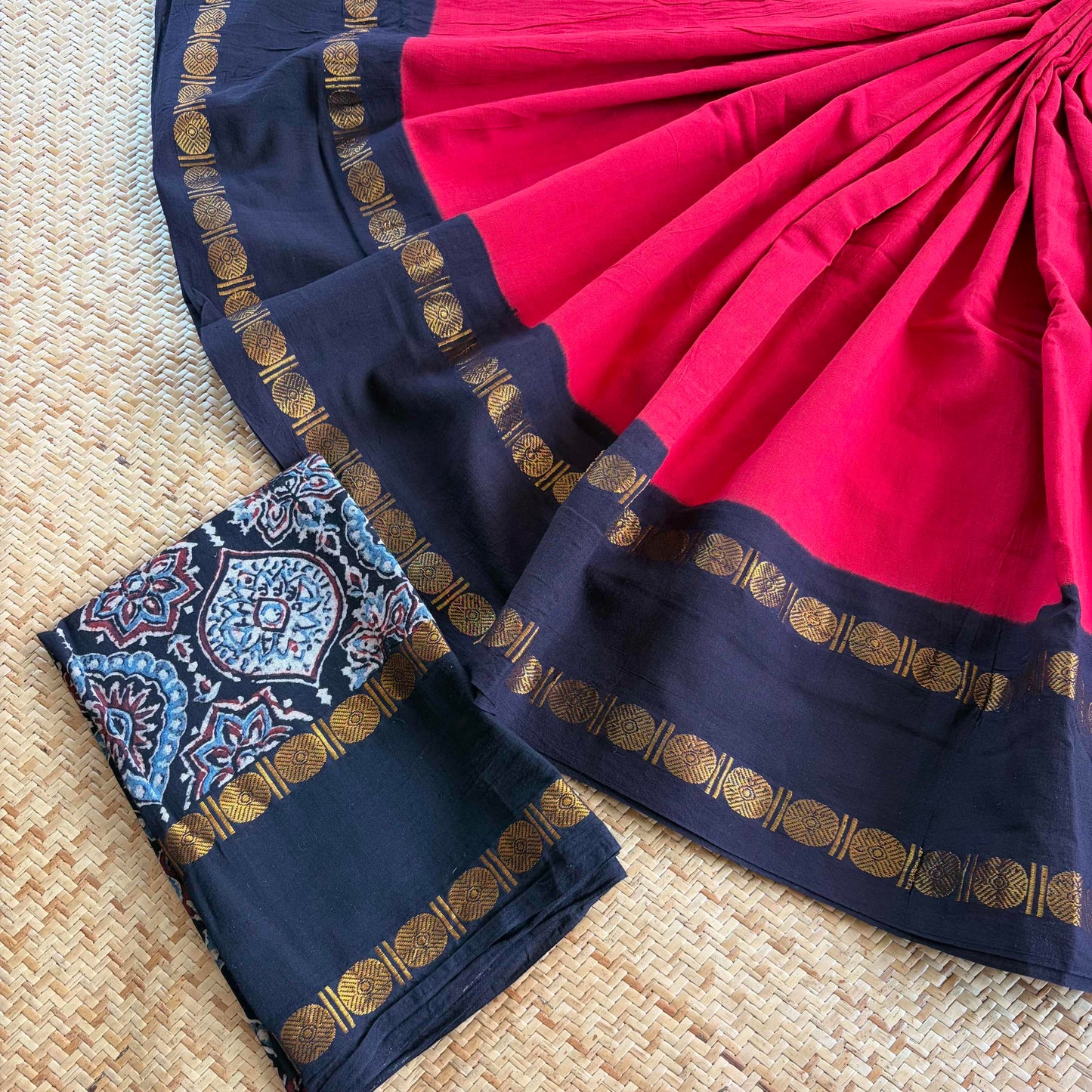 Red Saree With Ajrak Blouse , Zari Rudraksham Rettai Pettu Border , Clamp dyed (Kattu sayam)