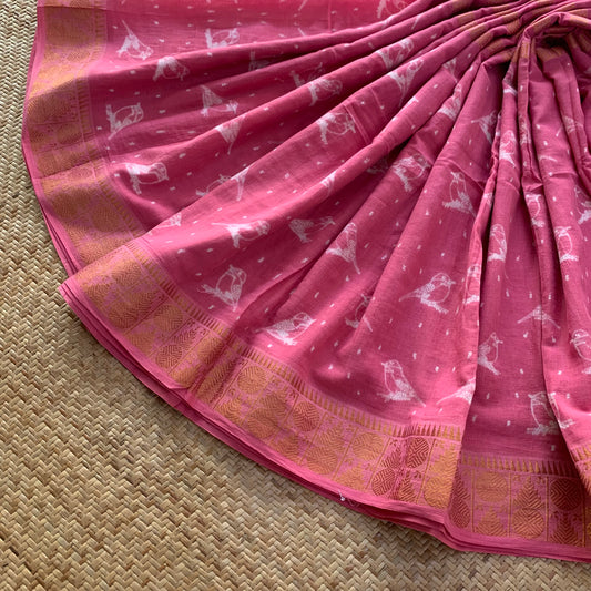 Pink, Hand Crafted Nui Shibori Sungudi Cotton Saree