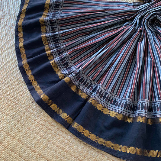 Black Stripes-Rudraksham, Ajrak Hand Block Printed On Madurai Cotton Saree With Zari