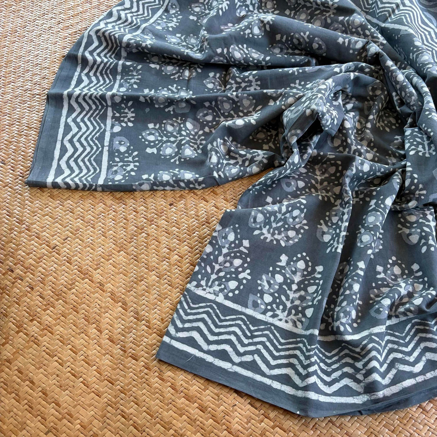Mul Mul Cotton saree, Hand Block Printed, Grey