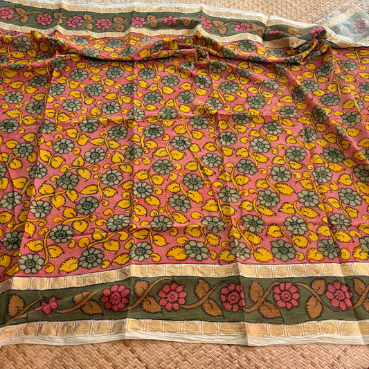 Peach Floral, Kalamkari Hand Painted on a Madurai Sungudi Cotton 1.20 METER FABRIC