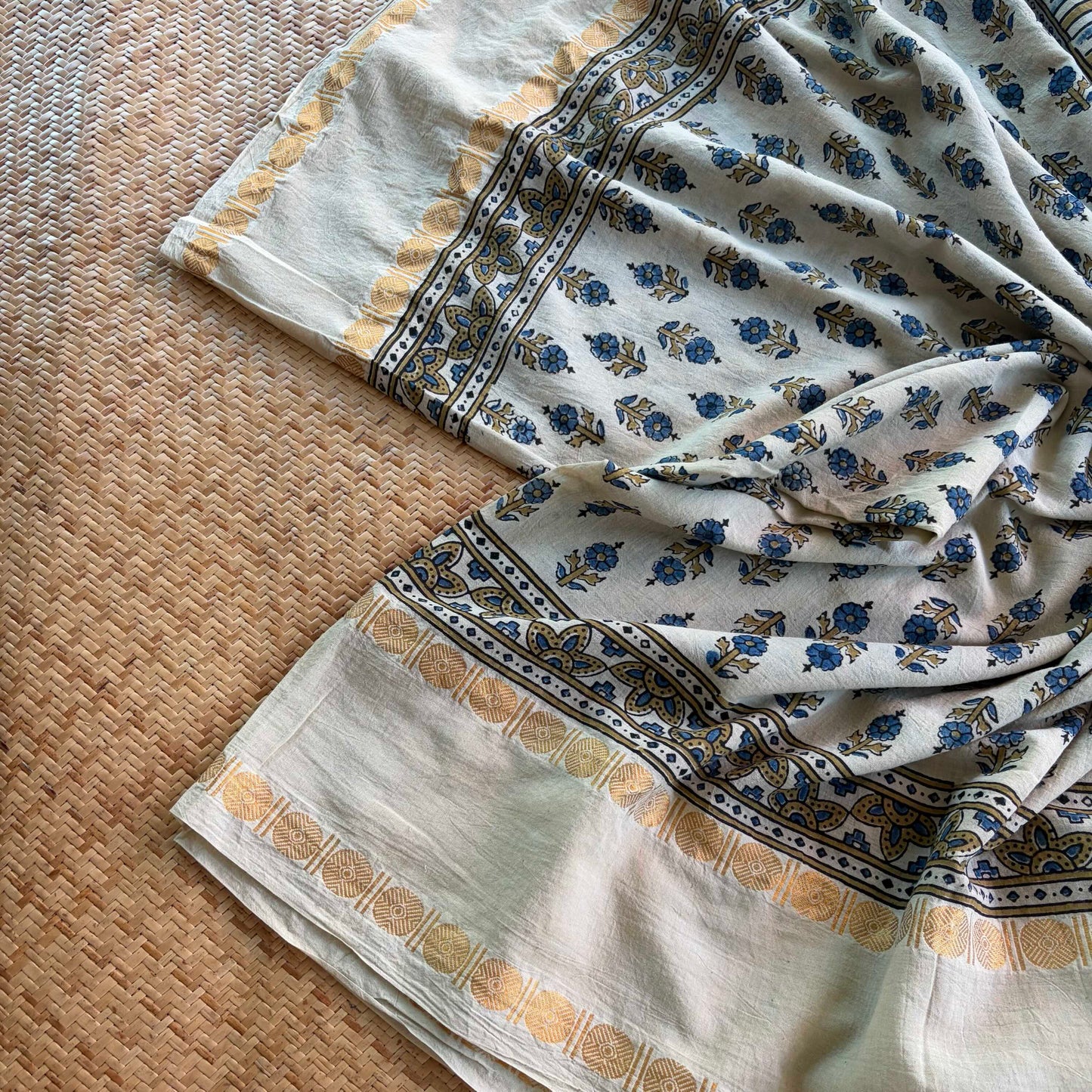 Off White, Ajrak Hand Block Printed On Madurai Cotton Saree With Zari