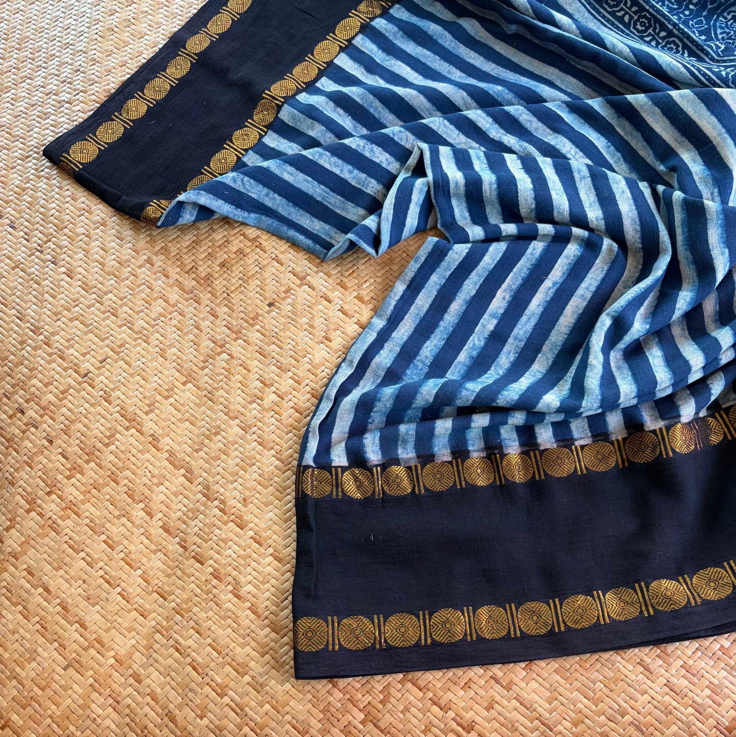 Strips Indigo, Ajrak Hand Block Printed On Madurai Cotton Saree With Zari