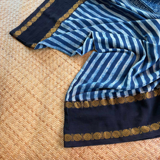 Strips Indigo, Ajrak Hand Block Printed On Madurai Cotton Saree With Zari