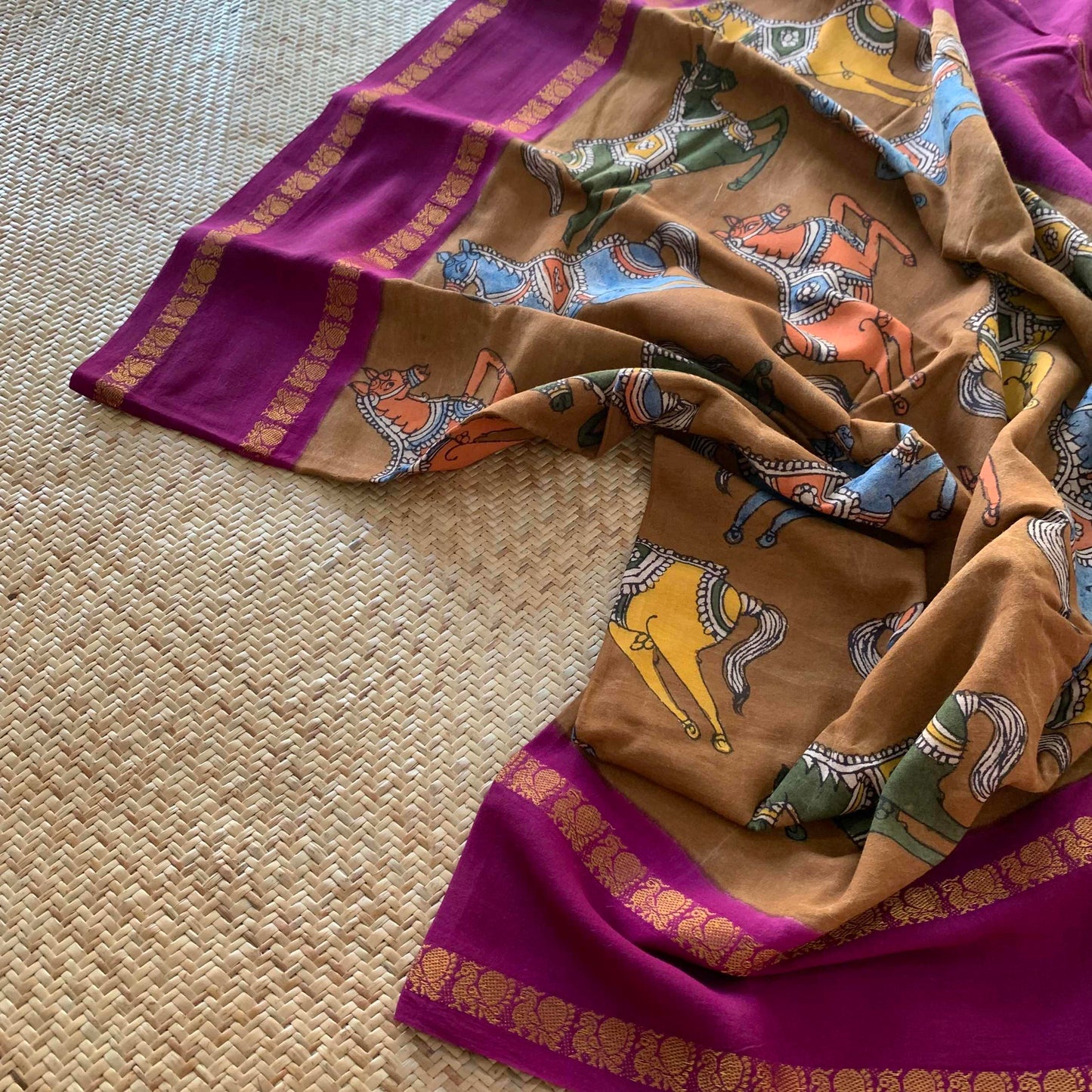 Ashava, Kalamkari Hand Painted on a Madurai Sungudi Cotton saree.