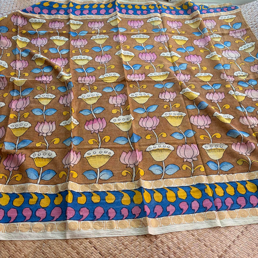 Mustard Floral, Kalamkari Hand Painted on a Madurai Sungudi Cotton 1.20 METER FABRIC