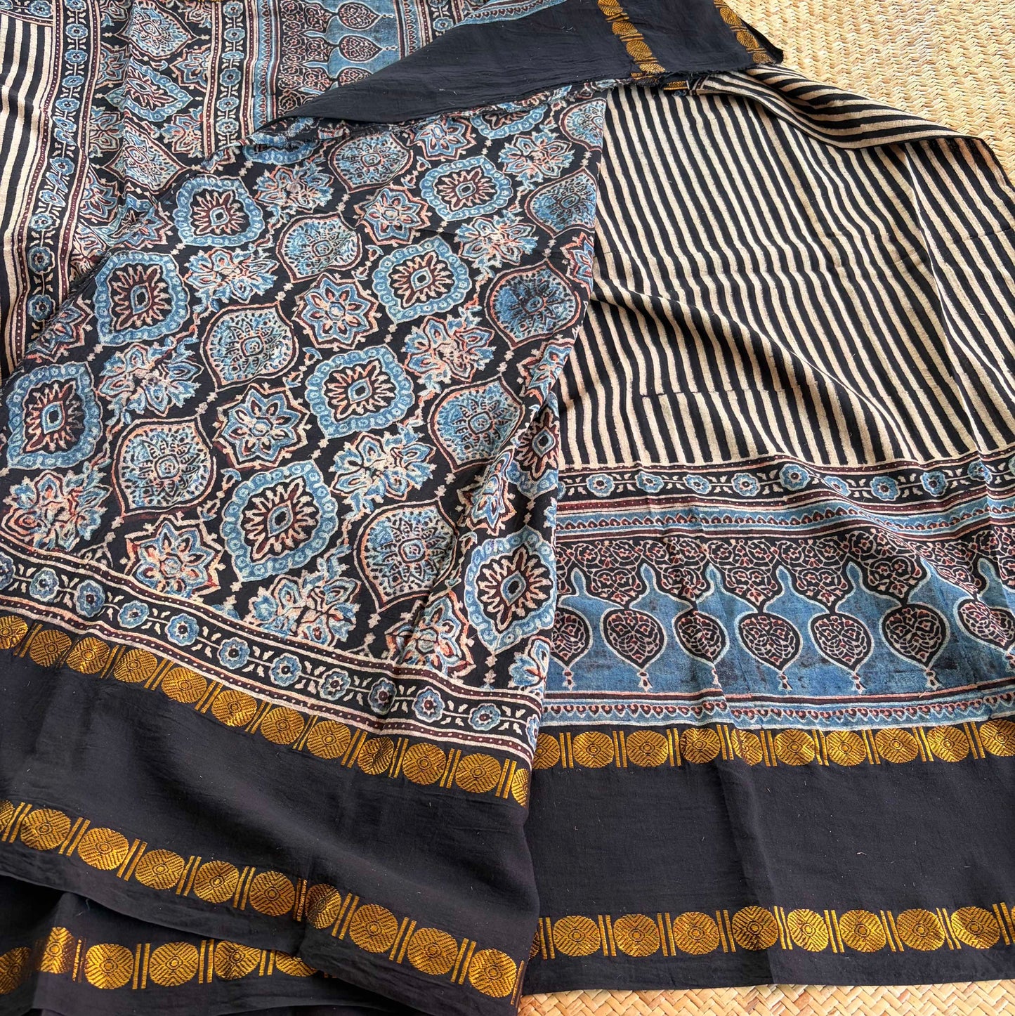 Black Stripes, Ajrak Hand Block Printed On Madurai Cotton Saree With Zari