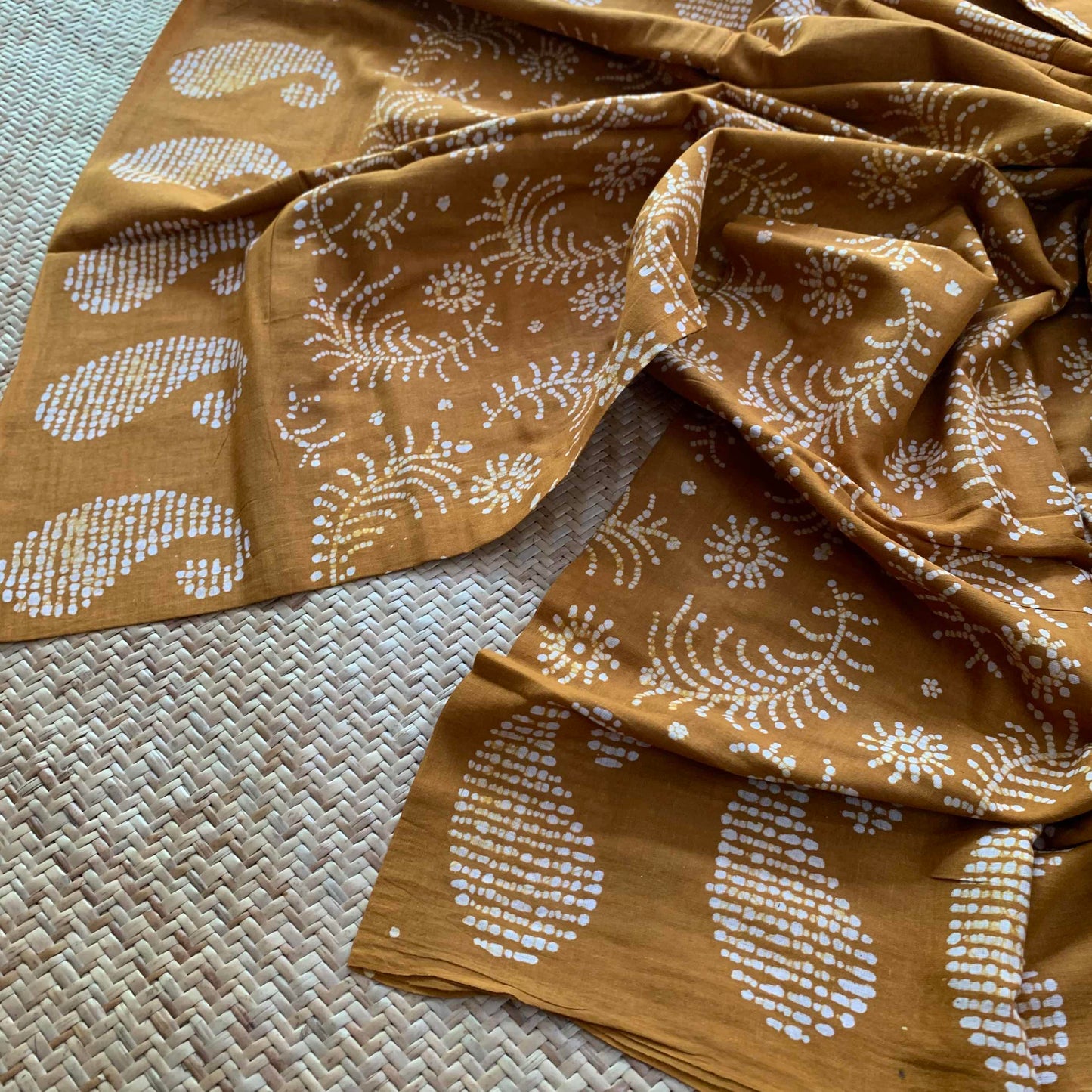 Mustard Hand Crafted wax print Sungudi Mul Mul Cotton Saree