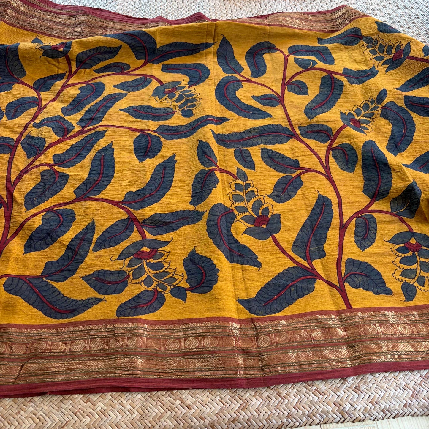 Mustard Kalamkari Hand Painted on Chettinad Cotton saree