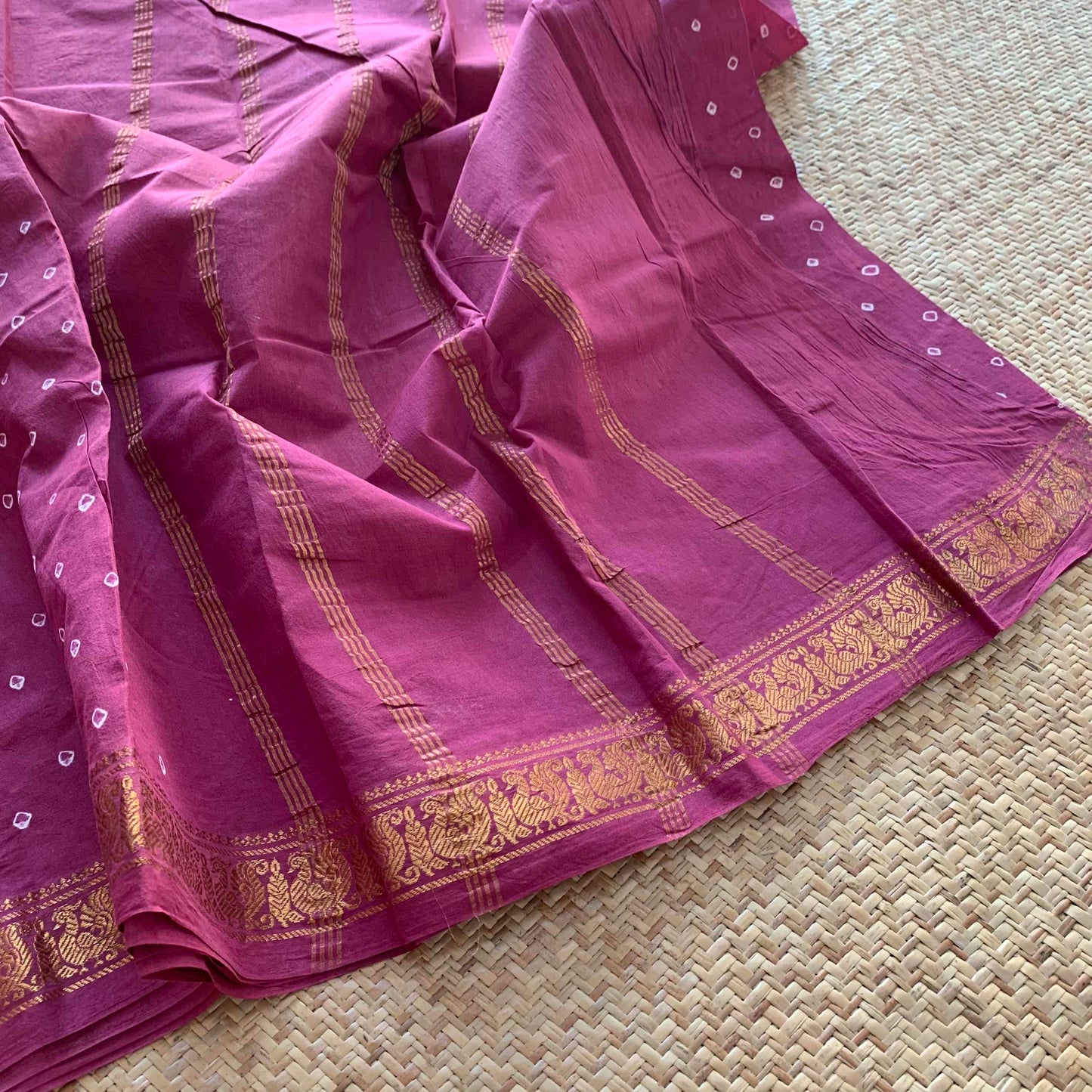 Mauve Wood Saree , Hand knotted Sungudi , Kaikattu Cotton Sungadi