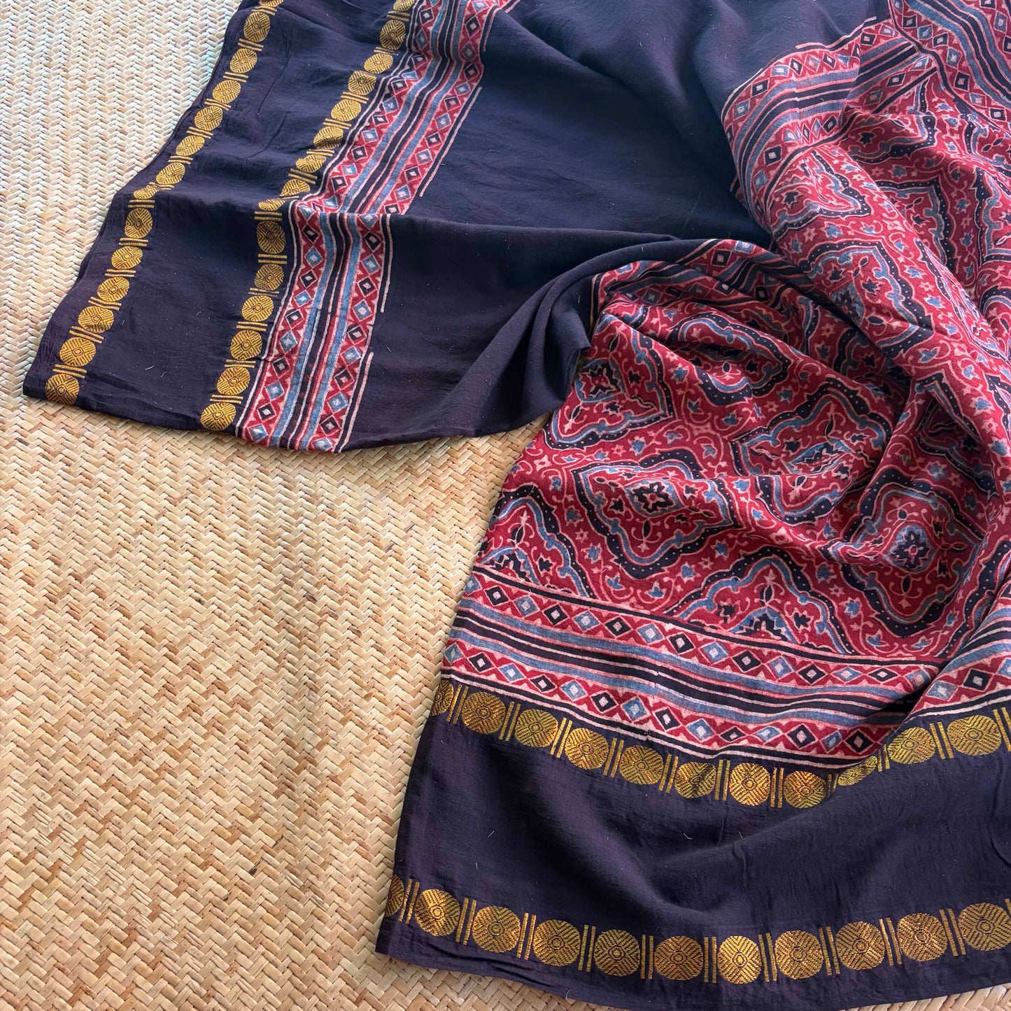 Madder, Ajrak Hand Block Printed On Madurai Cotton Saree With Zari