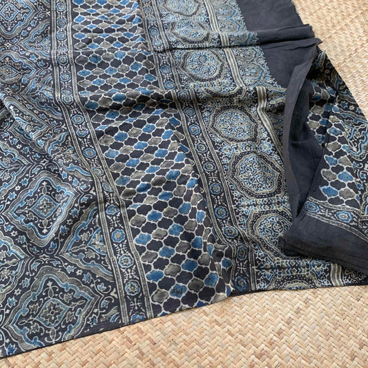 Grey, Ajrak Hand Block Printed On Mul Mul Cotton