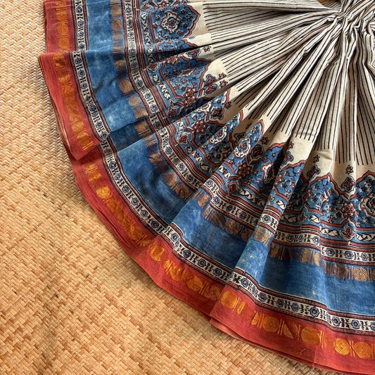 Off White Stripes, Ajrak Hand Block Printed On Madurai Cotton Saree With Zari