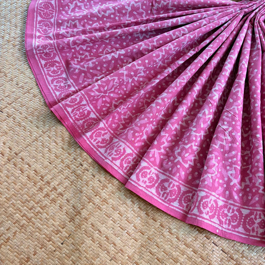 Mul Mul Cotton saree, Hand Block Printed, Pink
