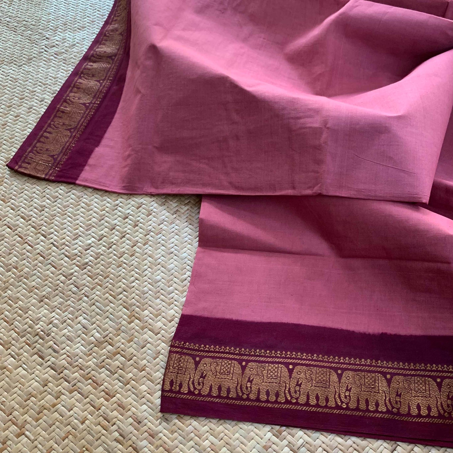 Dusty Pink Saree With Maroon Half Fine Zari Border, Clamp dyed (Kattu sayam).