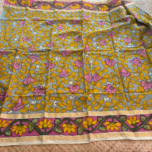 Grey Floral, Kalamkari Hand Painted on a Madurai Sungudi Cotton 1.20 METER FABRIC