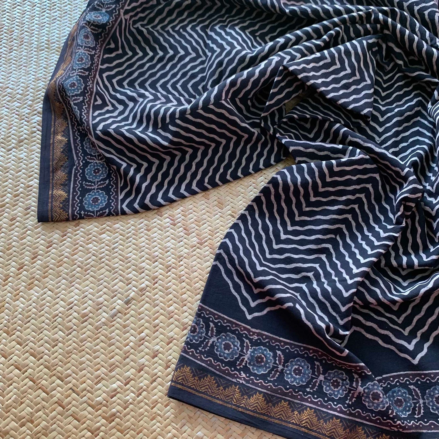 Herringbone Black, Ajrak Hand Block Printed On Madurai Cotton Saree With Zari