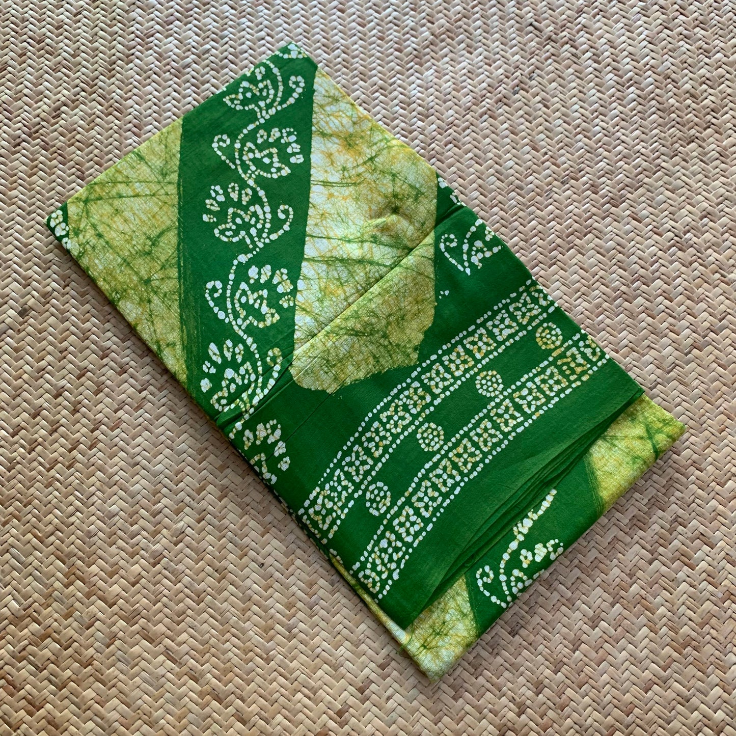 Green Hand Crafted wax print Sungudi Mul Mul Cotton Saree