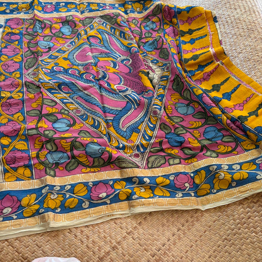 Yellow Strips Kalamkari Hand Painted on Cotton Sungudi Saree With Blouse