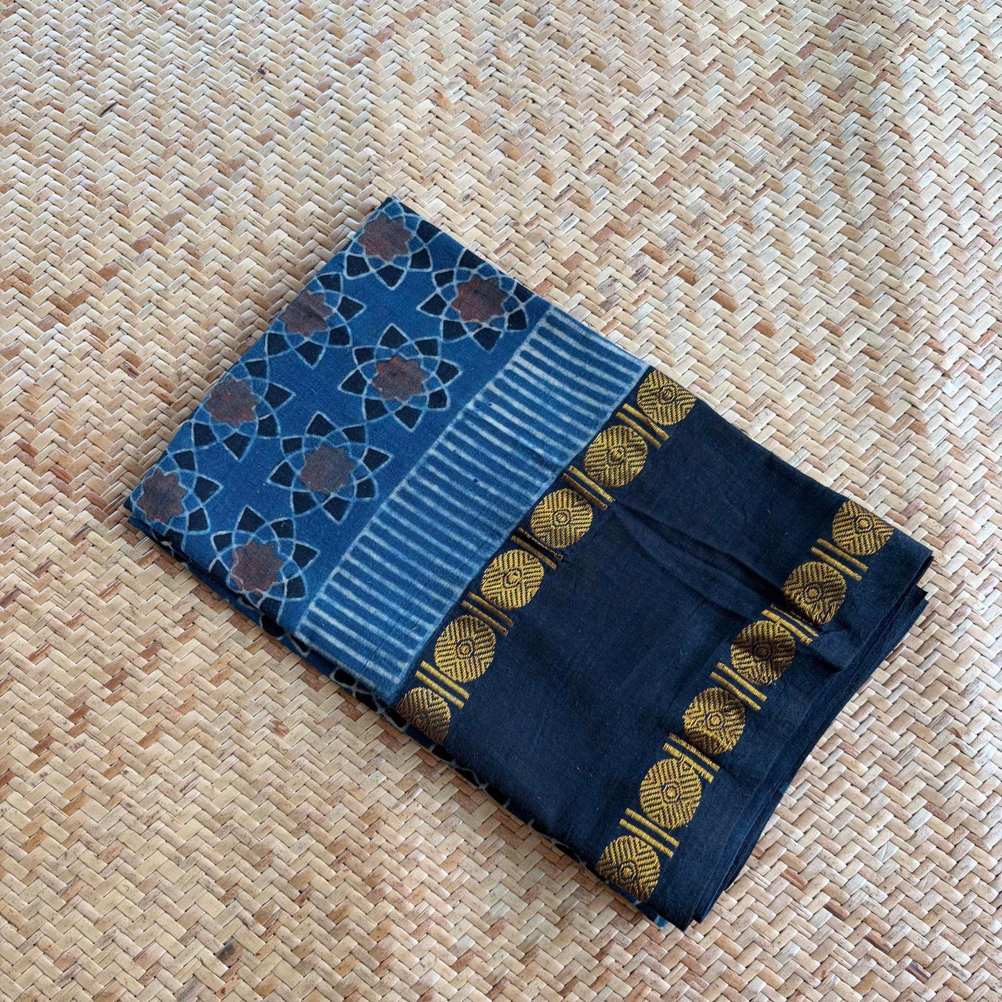 Indigo, Natural Dyeing Ajrak Hand Block Printed Cotton Blouse Piece