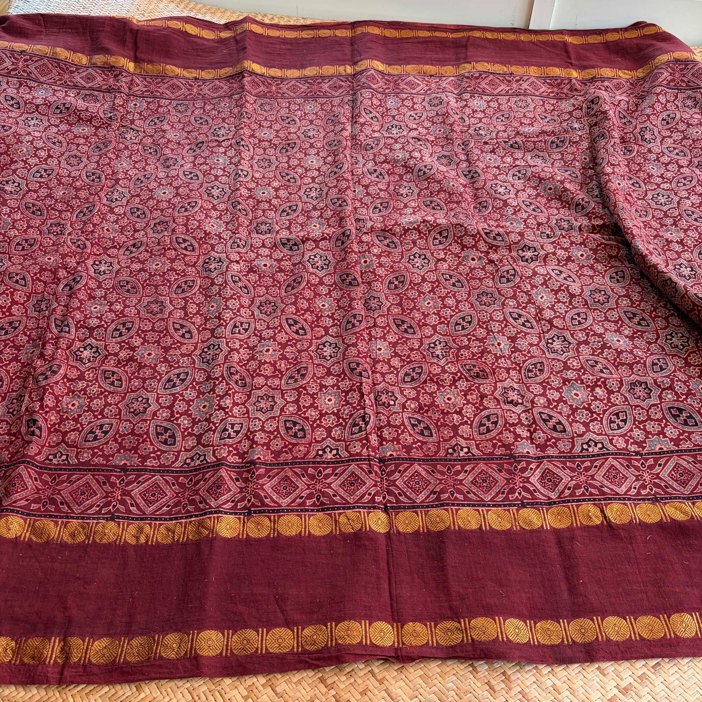 Araku, Ajrak Hand Block Printed On Madurai Cotton Saree With Zari