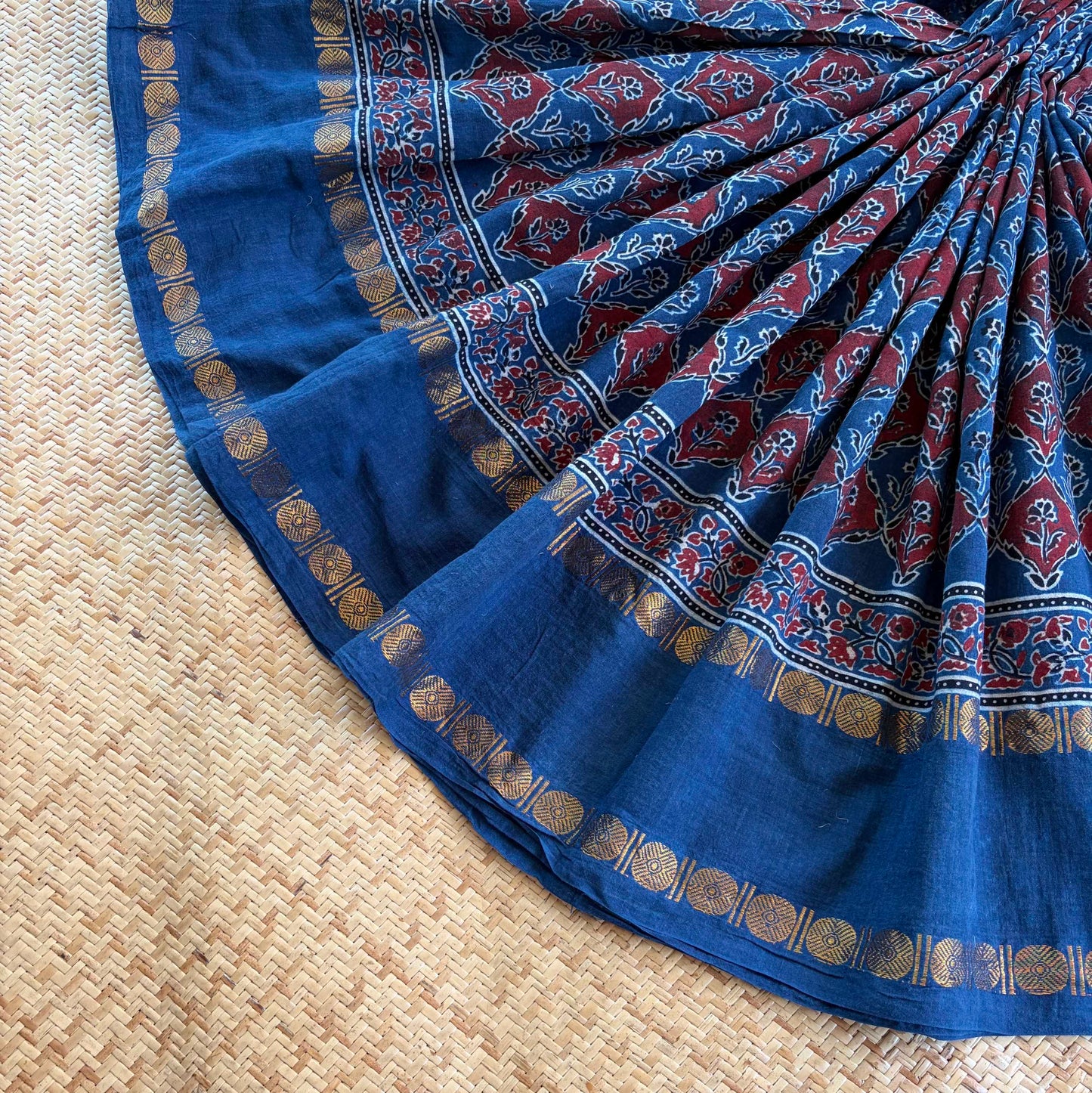 Indigo, Ajrak Hand Block Printed On Madurai Cotton Saree With Zari